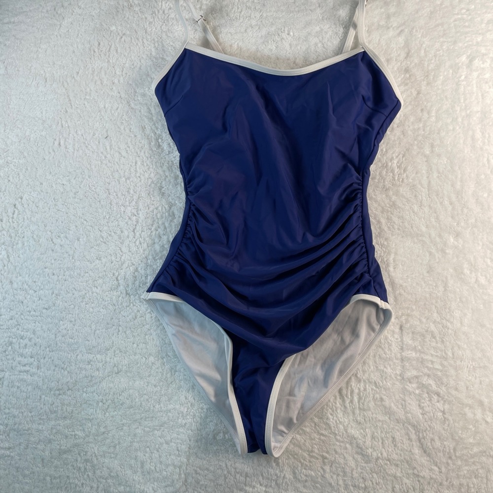 EoMenie Womens Cobalt Blue Ruched One Piece Swimsuit White Trim Size 8